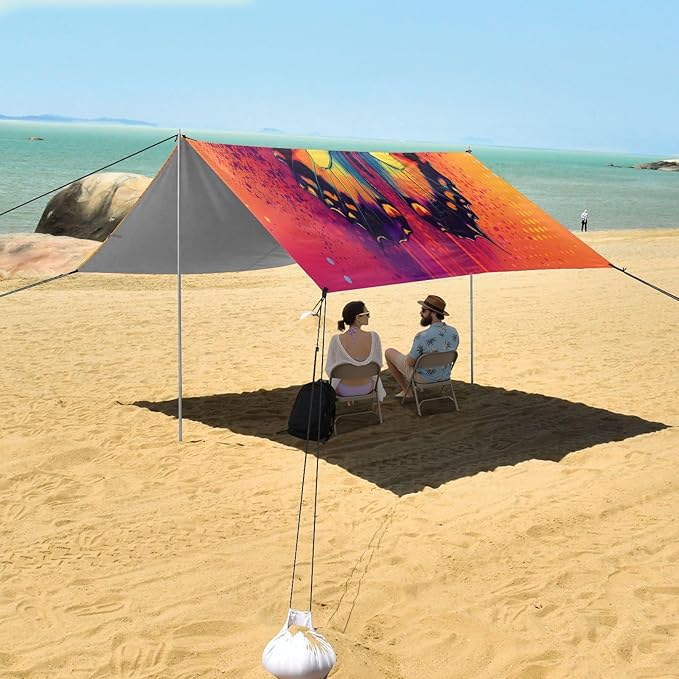 Orange Butterfly Beach Tent Sun Shelter Set UPF50+ UV Protection 10.5 x 9.19 FT Camping Shade Canopy with Sandbags Sand Anchors Carrying Bag and Others
