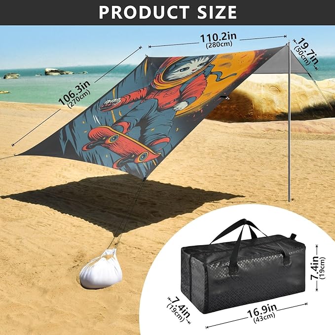 ALAZA Cat Kitten Astronaut Skateboard Beach Tent Sun Shelter UPF50+ Protection Beach Shade Canopy w/ 4 Sandbags for Outdoor Camping Fishing Backyard Fun Picnic 10x9 ft