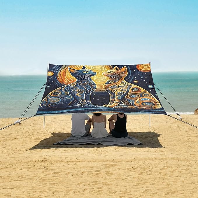 ALAZA Two Cats Vintage Beach Tent Sun Shelter Portable Canopy Sunshade for Outdoor Camping Picnics Backyard Fun 10x9 ft
