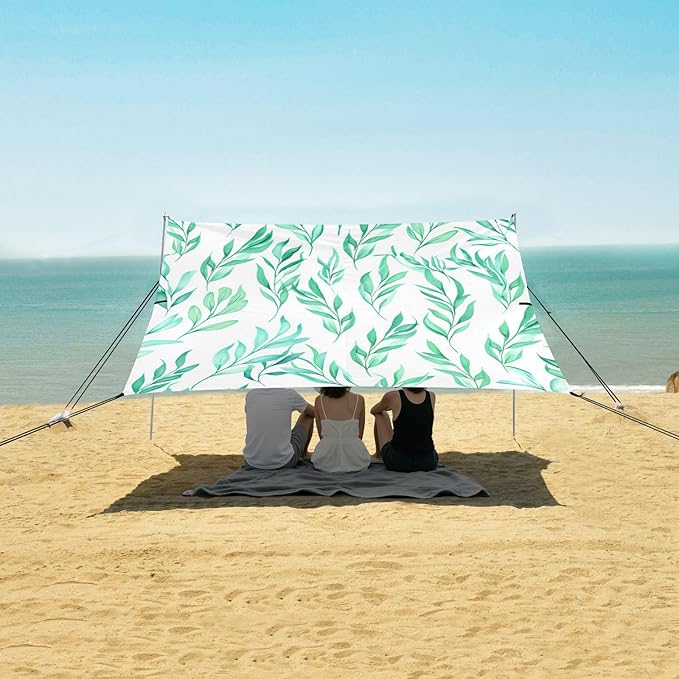 Beach Canopy with Windproof Ropes &amp Sandbags Beach Tent Sun Shade Sun Shelter for Camping Trips Fishing Backyard Fun or Picnics Leaf