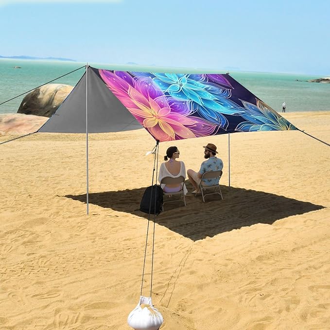 ALAZA Rainbow Mandala Transparent Flowers Beach Tent Sun Shelter UPF50+ Protection Beach Shade Canopy w/ 4 Sandbags for Outdoor Camping Fishing Backyard Fun Picnic 10x9 ft