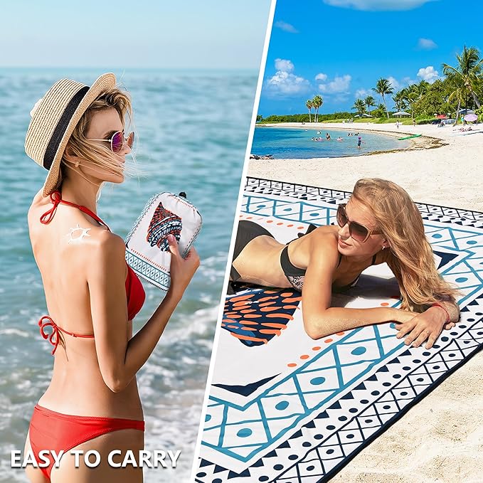 Beach Blanket Waterproof Sandproof Beach Mat 79 X 83/10'x9'for 2-8 Adults Quick Drying Outdoor Picnic Mat Beach Accessories for Travel Camping Hiking