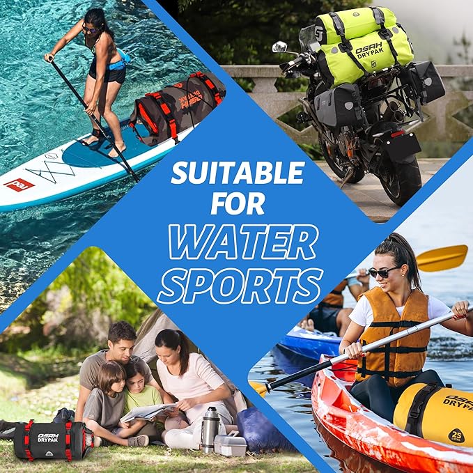 OSAH DRYPAK 25L Waterproof Dry Bag - Motorcycle Luggage Tail Bag with Straps for Back Seat Roll Top Lightweight Waterproof Backpack Sack for Travel Swimming Boating Kayaking Camping and Beach