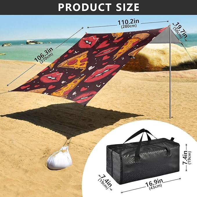 ALAZA Pizza Love Lip Pattern Beach Tent Sun Shelter Portable Canopy Sunshade for Outdoor Camping Picnics Backyard Fun 10x9 ft