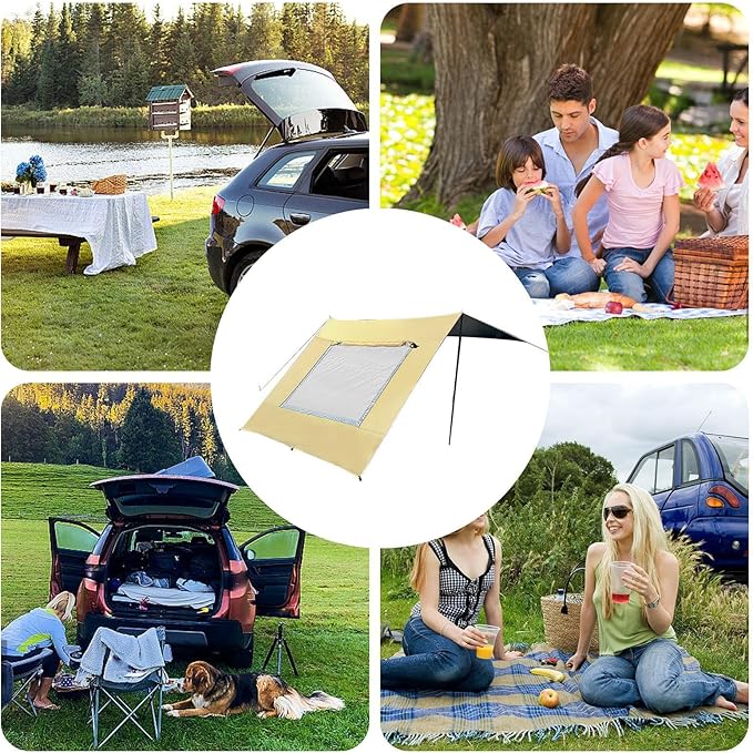 Car Awning – 48x28cm Oxford Mesh Black/Khaki Vehicle Shade Shelter Tailgate Canopy Cover Window Vent Screen | Ideal for Camping Roadside Rest Fishing Lakeside Shade Hiking Trail Breaks Beach