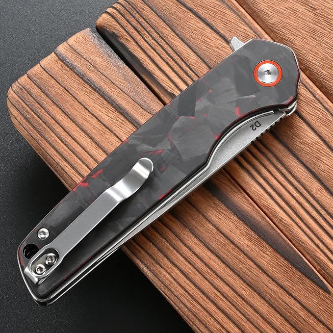 FF19 Folding Pocket KnifeD2 Steel Blade Carbon Fiber Handle EDC Tool Knife for Outdoor Camping Hunting Fishing Working(Red)