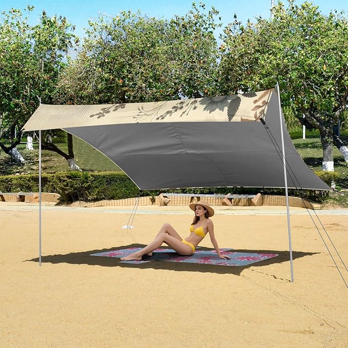 Vintage Botanical Retro Flowers Beach Tent Sun Shelter Set UPF50+ UV Protection 10.5 x 9.19 FT Camping Shade Canopy with Sandbags Sand Anchors Carrying Bag and Others