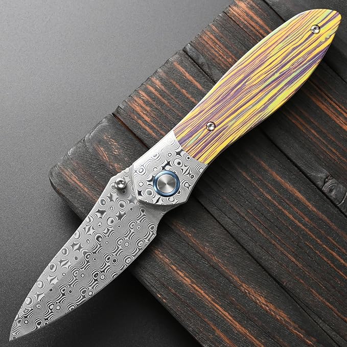 Sitivien ST273 Damascus Steel Blade Folding Knife Colorful G10 &amp Damascus Handle with Ball Bearing for Outdoor Camping Hiking Fishing (Wood grain)
