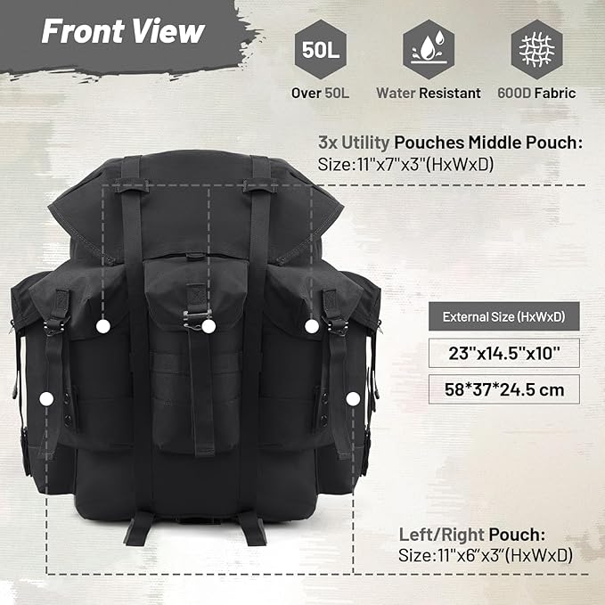 50L Military Alice Pack Army Survival Combat ALICE Rucksack Backpack for Men &amp Women for Camping Hiking Emergency Black