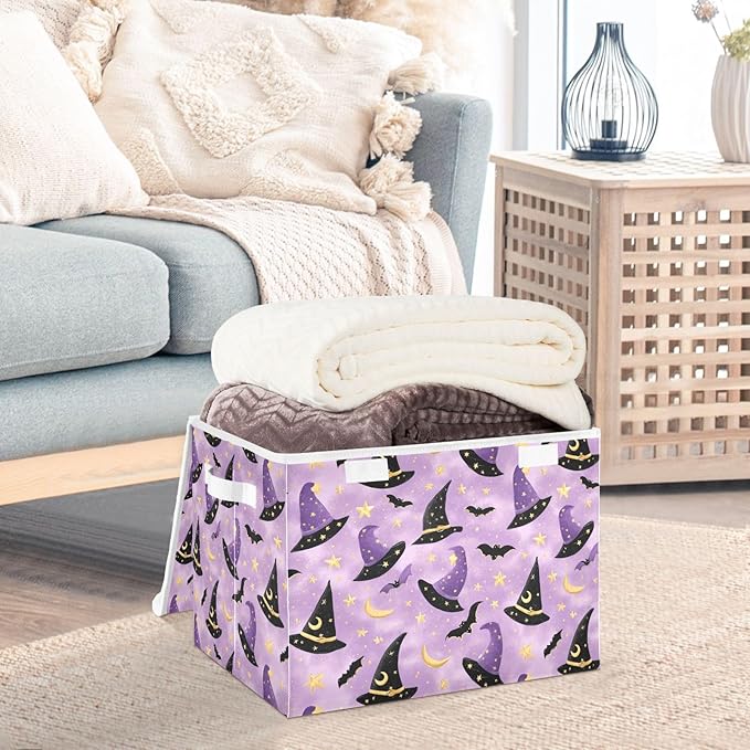 Halloween Purple Wizard Hats Bats Stars Storage Box with Lid 1 PC Foldable Storage Bin with Lids Stackable Storage Bins Cube Closet Organizer Basket with Flip-Top Lid &amp Handles for Shoes Books Tow