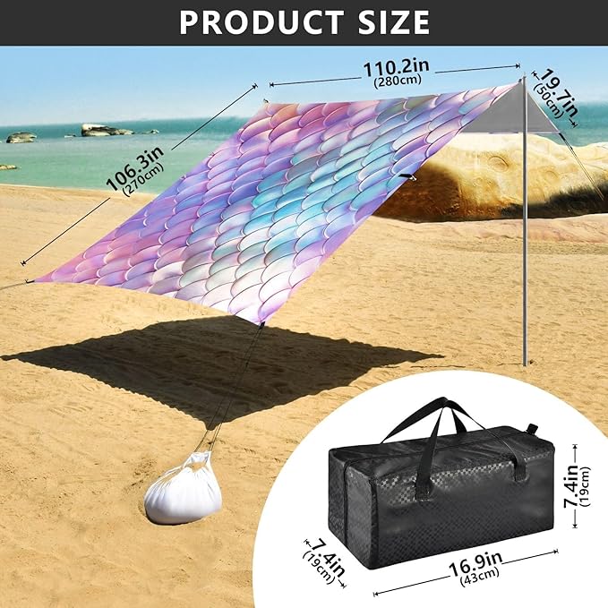 ALAZA Rainbow Mermaid Beach Tent Sun Shelter UPF50+ Protection Beach Shade Canopy w/ 4 Sandbags for Outdoor Camping Fishing Backyard Fun Picnic 10x9 ft