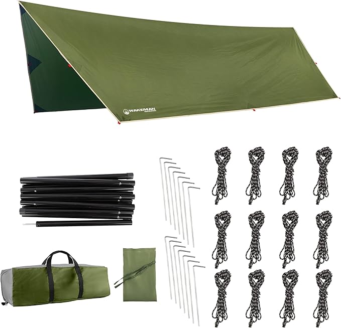 Camping Tarp with Poles - 15x12 Tarp for Camping or Hammock Rain Fly for Hiking Backpacking or Portable Survival Shelter UV Protection and 3000mm Water Resistant by Wakeman Outdoors (Green)