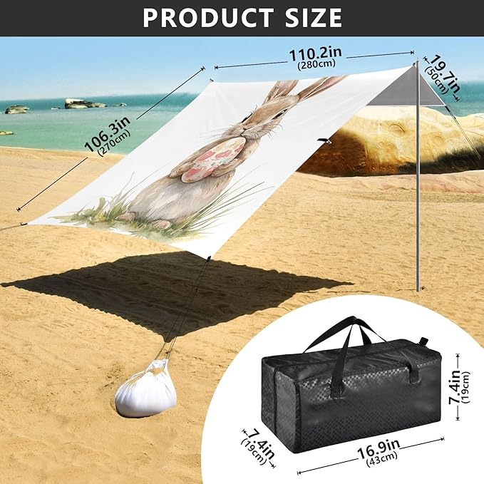 ALAZA Bunny Rabbit Easter Egg Beach Tent Sun Shelter UPF50+ Protection Beach Shade Canopy w/ 4 Sandbags for Outdoor Camping Fishing Backyard Fun Picnic 10x9 ft