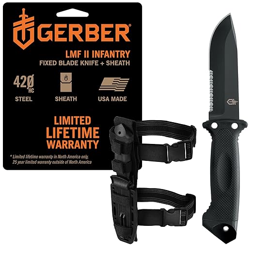 Gerber Gear LMF II Infantry Survival Knife Made in USA Military Grade Tactical Fixed Blade with Serrated Edge Shock Absorbing Handle Molle Sheath and Sharpener Black