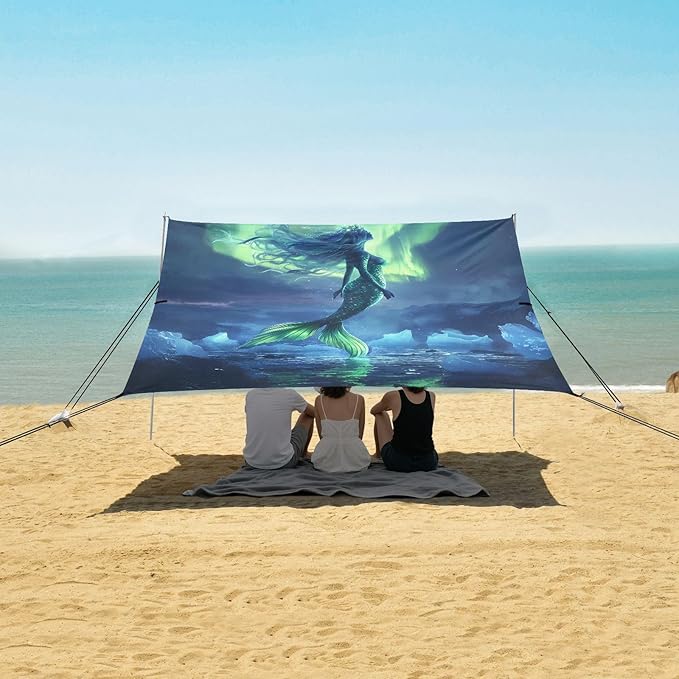 ALAZA Mermaid Northern Lights Beach Tent Sun Shelter UPF50+ Protection Beach Shade Canopy w/ 4 Sandbags for Outdoor Camping Fishing Backyard Fun Picnic 10x9 ft