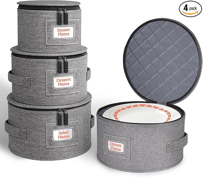 Cirhy Hard Shell China Storage Containers 4-Piece Set - Reinforced Hard-Sided Moving Boxes for Dinner Plates Bowls &amp Saucers - Stackable Dish Packing Protectors with 48 Felt Dividers