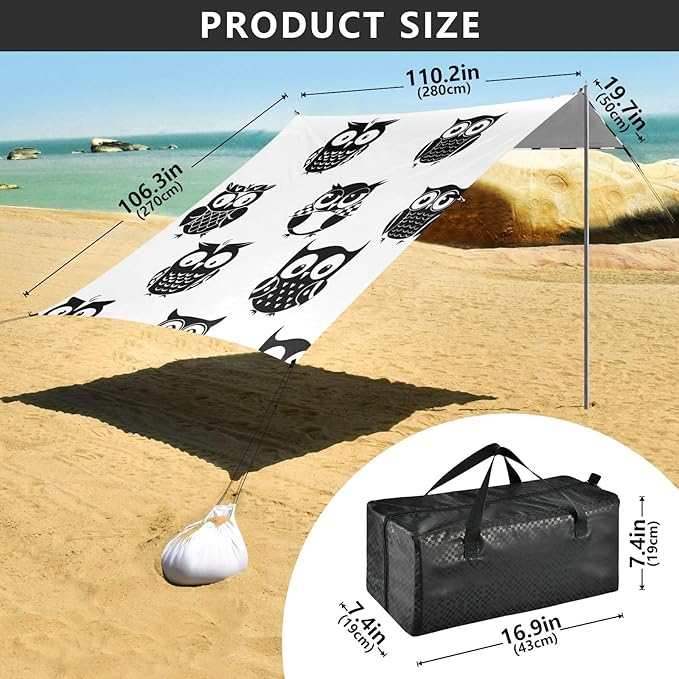 Beach Canopy with Windproof Ropes &amp Sandbags Beach Tent Sun Shade Sun Shelter for Camping Trips Fishing Backyard Fun or Picnics Owl