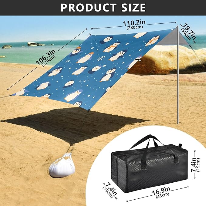 Seamless Pattern Penguins Cobalt Beach Tent UPF50+ Easy Setup Shade Sun Shelter with Sand Shovel for Camping Picnics Backyard