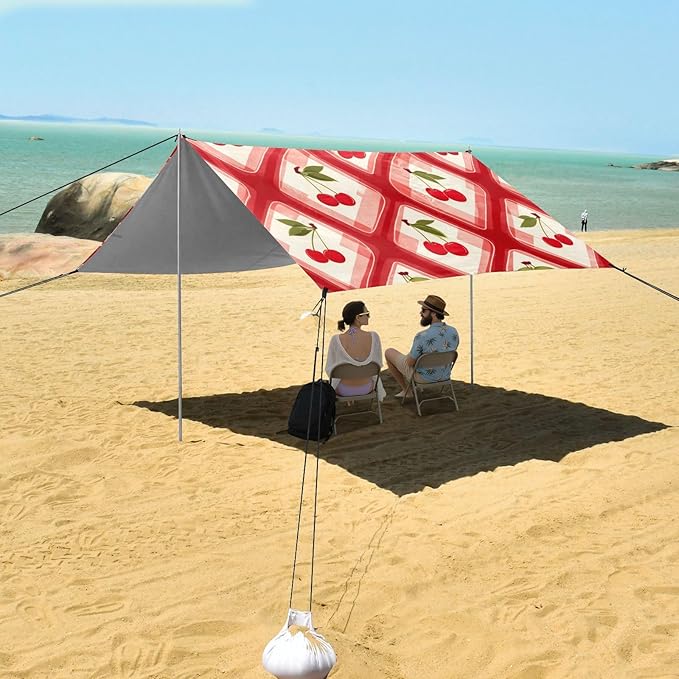 Beach Canopy with Windproof Ropes &amp Sandbags Beach Tent Sun Shade Sun Shelter for Camping Trips Fishing Backyard Fun or Picnics Cherry
