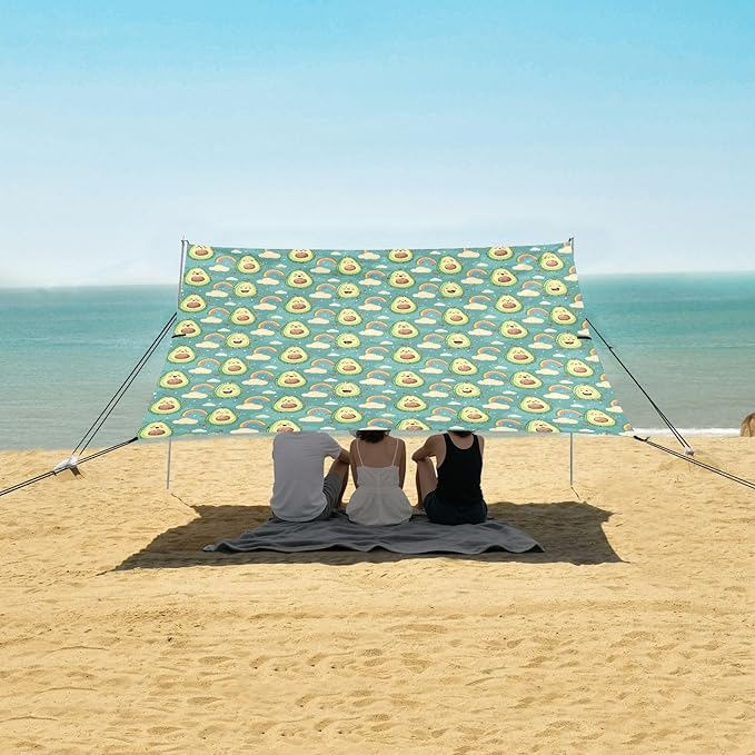ALAZA Cartoon Avocado Rainbow Beach Tent Sun Shelter UPF50+ Protection Beach Shade Canopy w/ 4 Sandbags for Outdoor Camping Fishing Backyard Fun Picnic 10x9 ft