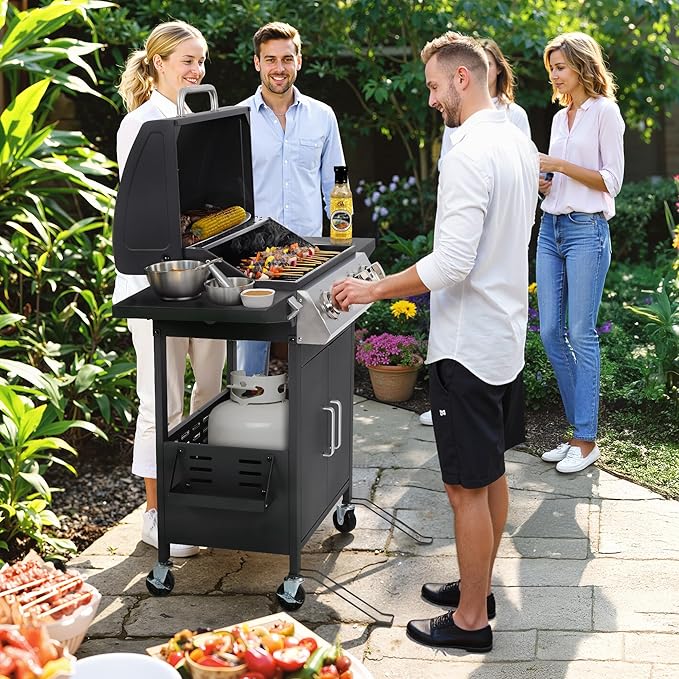 HUGROVE 4 Burner Propane Gas BBQ Grill with Wheels 40000 BTU Output Stainless Steel Barbecue Grill for Backyard &amp Outdoor Cooking Easy to Assemble Foldable Side Tables &amp Spice Rack (Black)