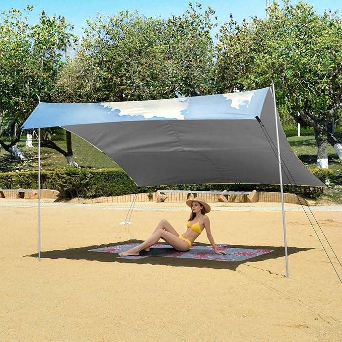 Beach Canopy with Windproof Ropes &amp Sandbags Beach Tent Sun Shade Sun Shelter for Camping Trips Fishing Backyard Fun or Picnics Beach