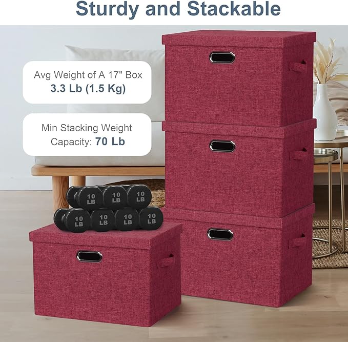 Graciadeco Large 17 36 Quart Collapsible Stackable Storage Bins with Lids 3 Packs Bright Red Linen Fabric Closet Boxes with Lids Storage Cube Baskets Container Organizers for Office (17x12x11)
