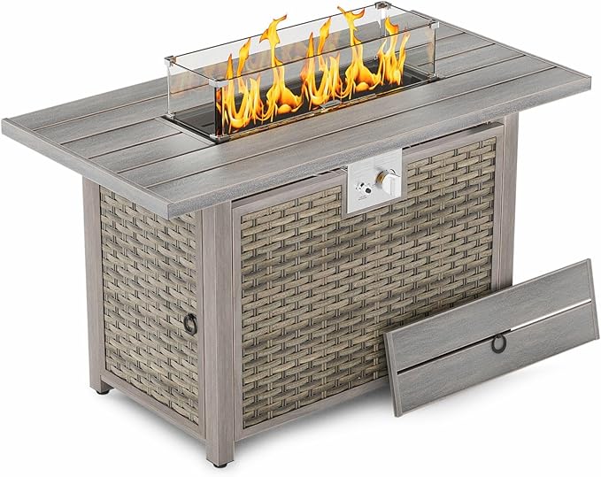 30 Round Propane Fire Pit Table - 50K BTU with Lid Rocks Tank Storage and Cover - Round Gas Fire Pits for Outside Patio - Outdoor Table with Firepit (Brown 43 Rectangular)