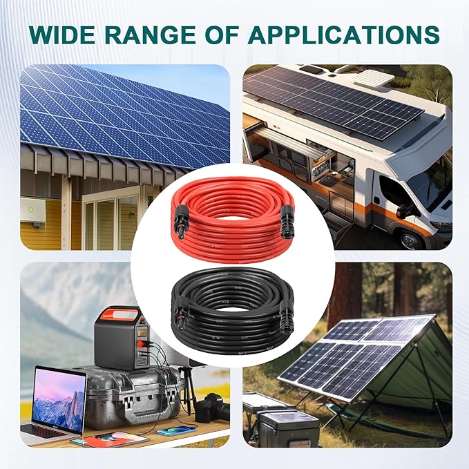 MOOKEERF Solar Panel Extension Cable - 8AWG 200FT Solar Wire with Female &amp Male Waterproof Connector PV Wire for RV Photovoltaic Systems Home Boat Solar Panels Car(200feet Red + 200feet Black