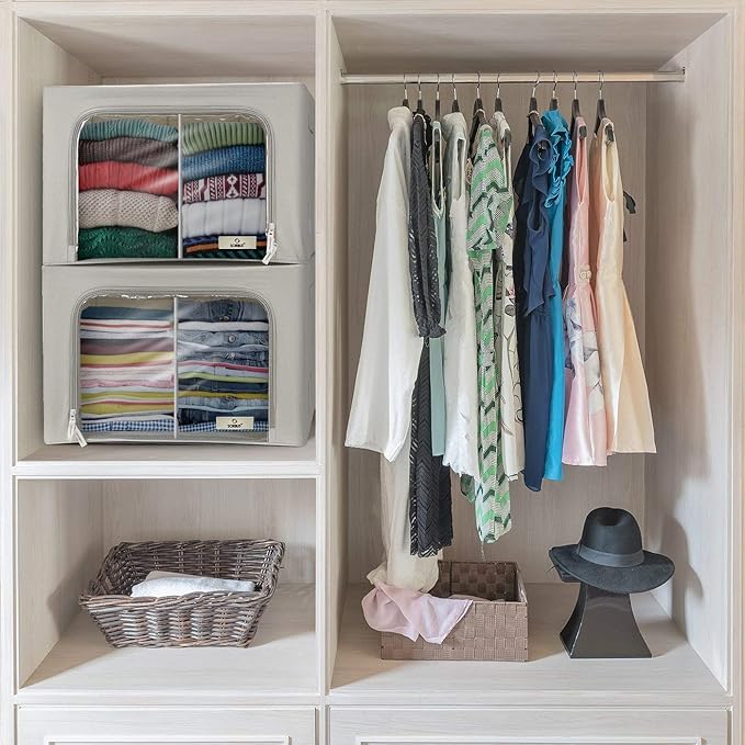 Sorbus Storage Bins with Divided Interior - Large Stackable &amp Foldable Organizer Containers with Metal Frame Oxford Fabric Large Window &amp Carry Handles - Organization for Bedroom Linens &am
