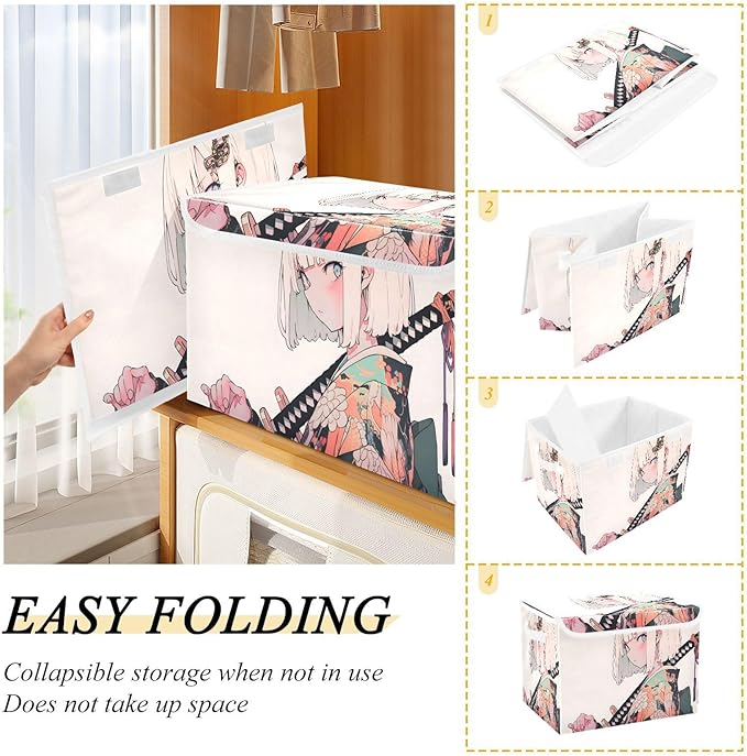Storage Cube with Lid Beautiful Samurai Print 16.5×12.6×11.8 IN Collapsible Large Capacity Foldable Storage Basket Bin Organizer