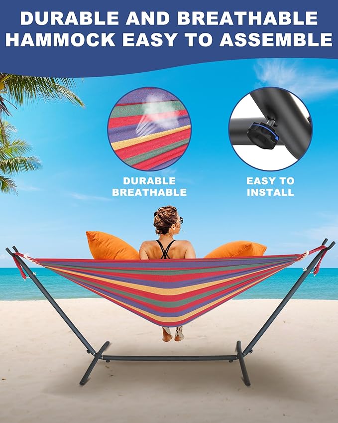 EveryFun Double Hammock with Heavy-Duty Steel StandPortableEasy Assembly600lbs Weight CapacitySuit for IndoorYardCampingor Outdoor-Wide Red