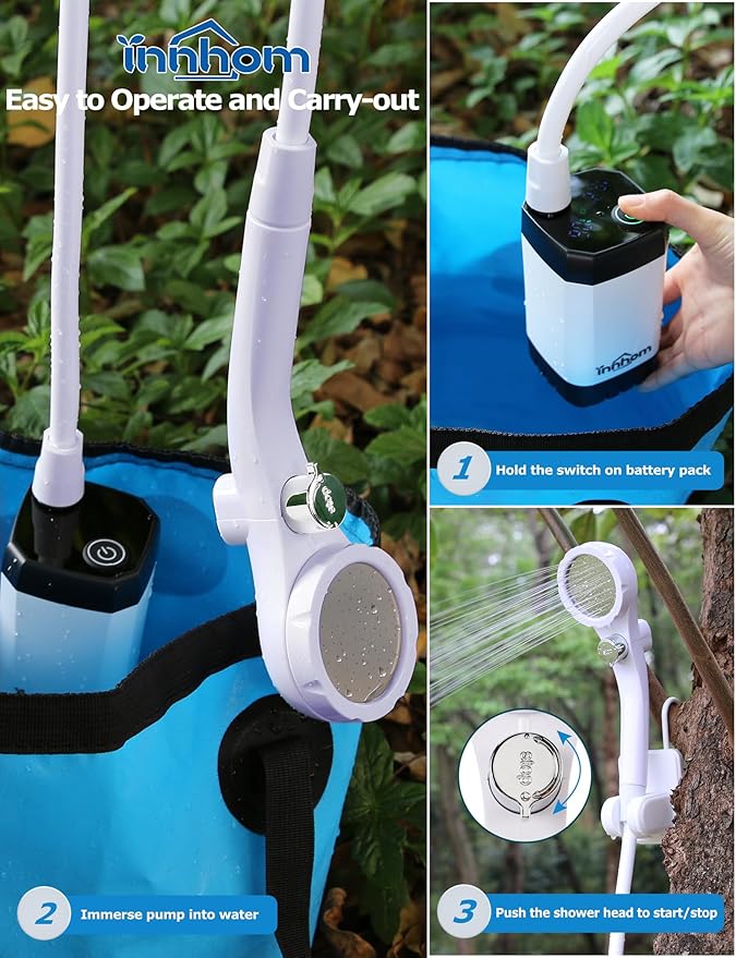 innhom Portable Shower Camping Shower Outdoor Camp Shower Pump Electric Rechargeable Portable Camping Shower Powered by Rechargeable Battery