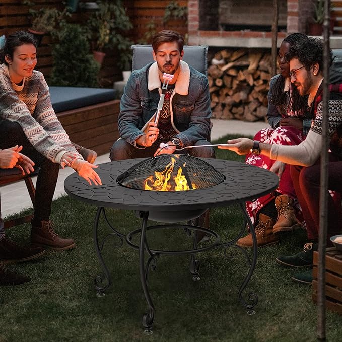 Giantex Fire Pit Table 4-in-1 Outdoor Dining Table 36 Inch Multifunctional Metal Round Patio Table Wood Burning Fire Pits with Cover Grill Grate Poker for Garden Poolside Backyard Fireplace