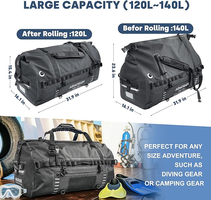 120-140L large Capacity Airtight Waterproof Travel Dry BagEquipped with Durable Inflatable Shoulder Straps and Handles Suitable for Diving Equipment Motorcycles Rowing Kayaking Camping