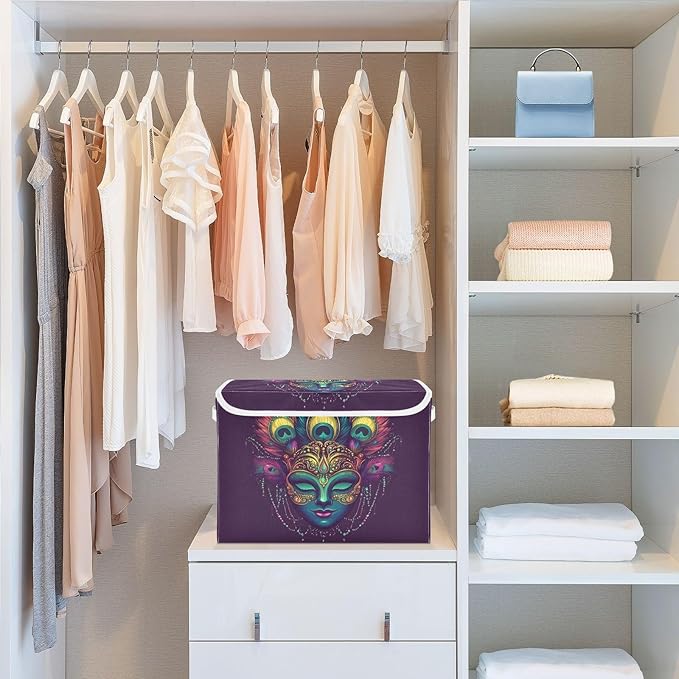 Mardi Gras Storage Baskets with Lids Carnival Mask Collapsible Bins Stackable Fabric Linen Baskets Closet Organizer Container 16.5x12.6x11.8