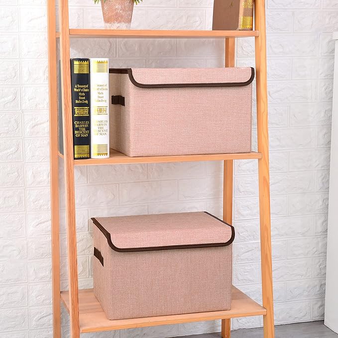 Bagnizer Linen Fabric Foldable Storage Cube Bin Organizer Basket with Flip-Top Lid &amp Handles Large Clothes Blanket Box for Home Office Closet Gray &amp Pink 4 Pack 14.6 x 9.5 x 9.5”