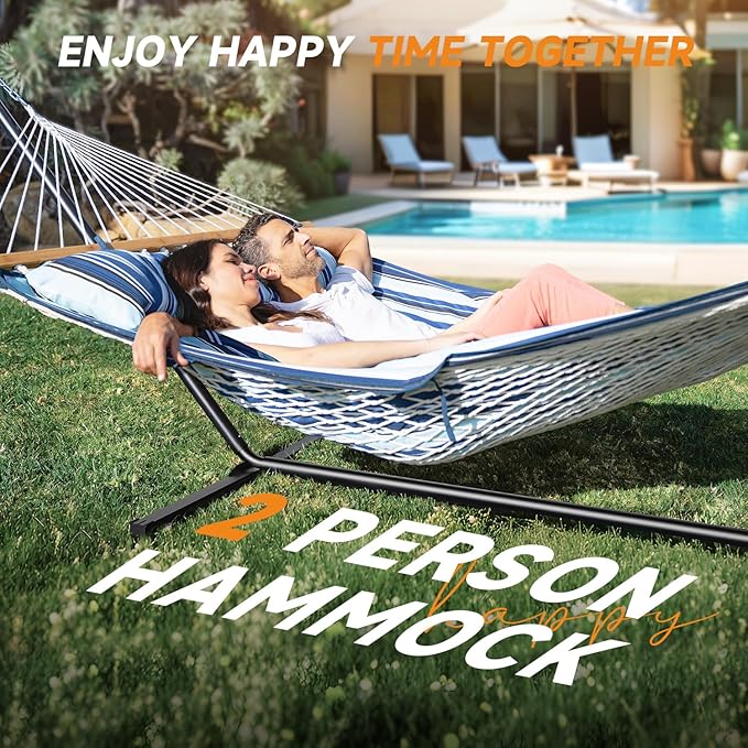 Everyfun 2 Person Outdoor Hammock with Stand Cotton Rope Hammock with Polyester Pad Adjustable Steel Frame Portable with Carrying Bag – for Patio Backyard Garden Beach Blue Stripe
