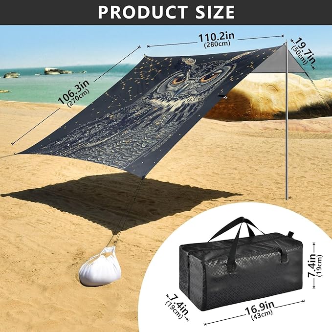 ALAZA Cute Starry Owl Beach Tent Sun Shelter Portable Canopy Sunshade for Outdoor Camping Picnics Backyard Fun 10x9 ft