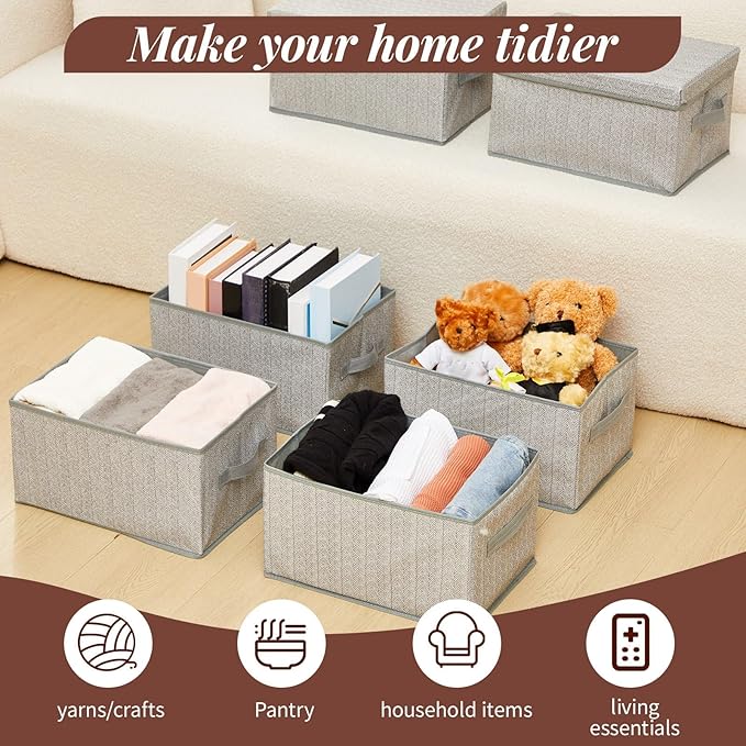 LemonRoad 6 Pack 14'' x 10'' x 8'' Collapsible Storage Cubes Bins with Removable Lids Fabric Closet Organizers with Handles Foldable Memory Boxes for Shelves Nursery Bedroom Home Closet Gray