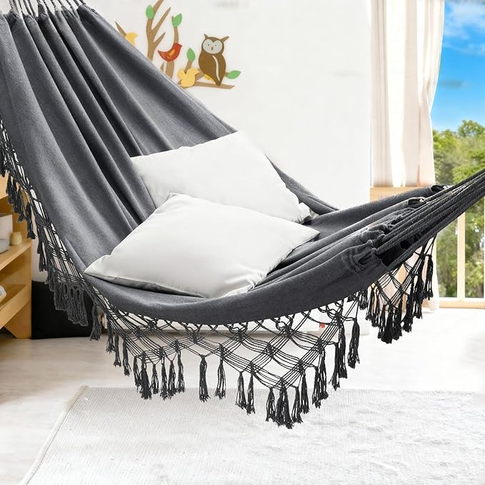 JoyView Boho Macrame Double Hammock with Hanging Ropes &amp Elegant Tassels 86.6x59 Portable Cotton Hammock for Patio Backyard Porch 450LBS Weight Capacity Perfect for Outdoor/Indoor - Dark Grey