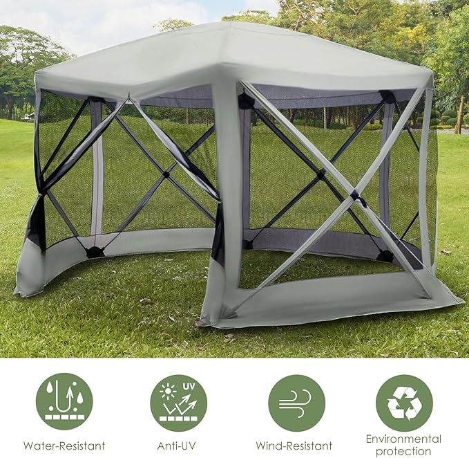 6SidedHexagonPopUpTentBreathableMeshNettingBeigePolyesterWaterRepellentQuickSetupReinforcedPolesSunProtectedPortable100PercentPolyesterDurableLightweight
