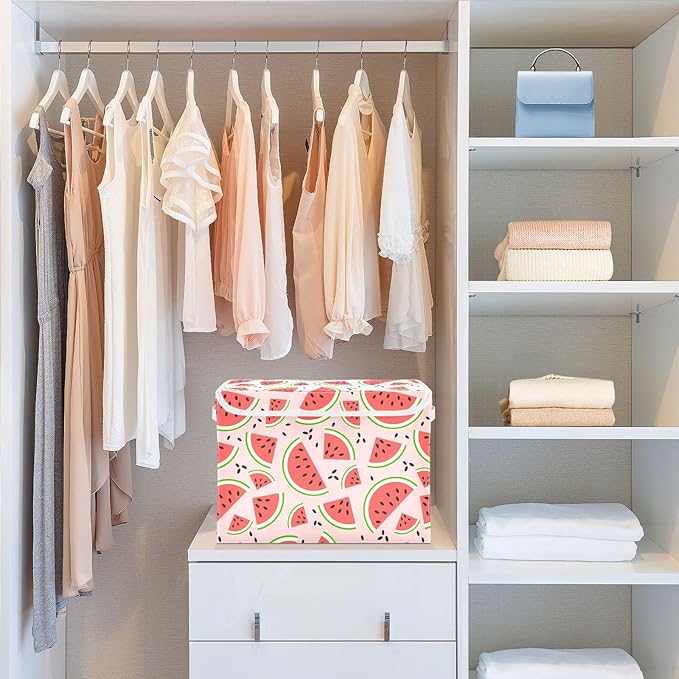 Watermelon Fruits Lidded Home Storage Bins Closet Storage Bins Foldable Oxford Fabric Storage Box for Home Bedroom Closet Office (16.5x12.6x11.8 in)