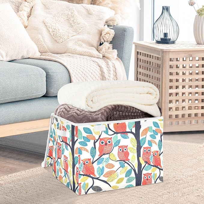 Storage Cube with Lid Cartoon Owls Print 16.5×12.6×11.8 IN 1 Pack Collapsible Large Capacity Foldable Storage Basket Bin Organizer