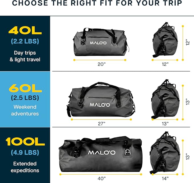 Malo’o Waterproof Dry Duffel Heavy-Duty Roll Top Waterproof Gear Bag with Shoulder Strap &amp Molle Loops Marine Duffel for Kayaking Boating Camping Beach &amp Travel Black 40L