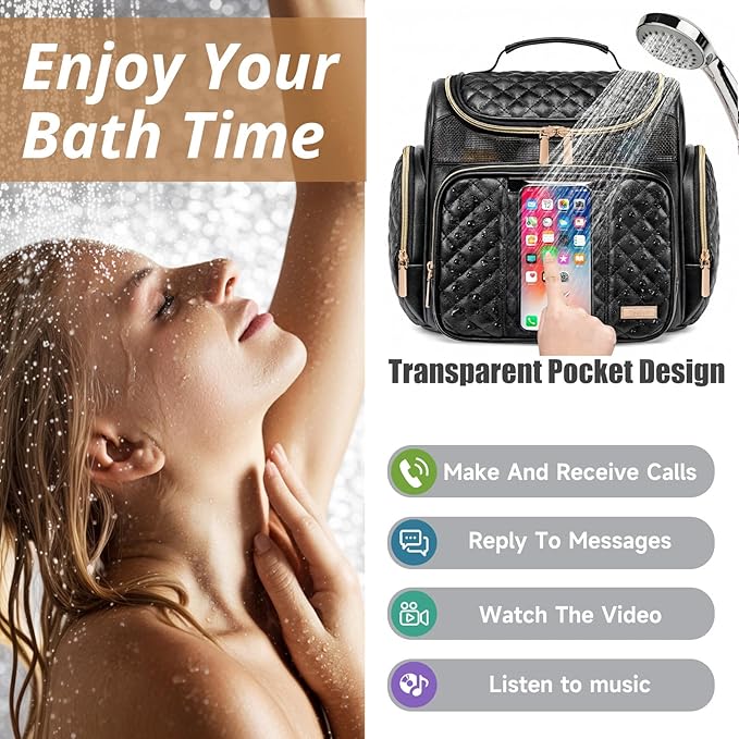 Large Leather Toiletry Bag for Women MenBathroom BagWater Resistant Shower BagMakeup BagPortable Shower Caddy for College DormHanging Travel Toiletry Bag with Transparent Waterproof Phone Pocket