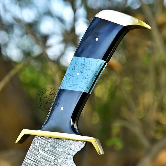Damascus Steel Western Outlaw Bowie Hunting Knife Fixed Blade Survival &amp Hunting Knife Camping Bushcraft EDC - Gift for Men Premium Leather Sheath KKH-69