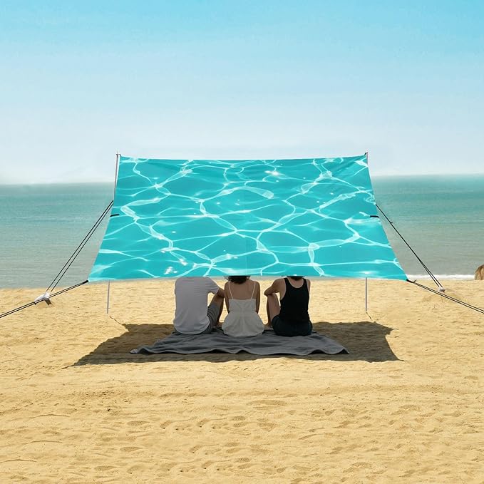 Beach Canopy with Windproof Ropes &amp Sandbags Beach Tent Sun Shade Sun Shelter for Camping Trips Fishing Backyard Fun or Picnics Water Ripples
