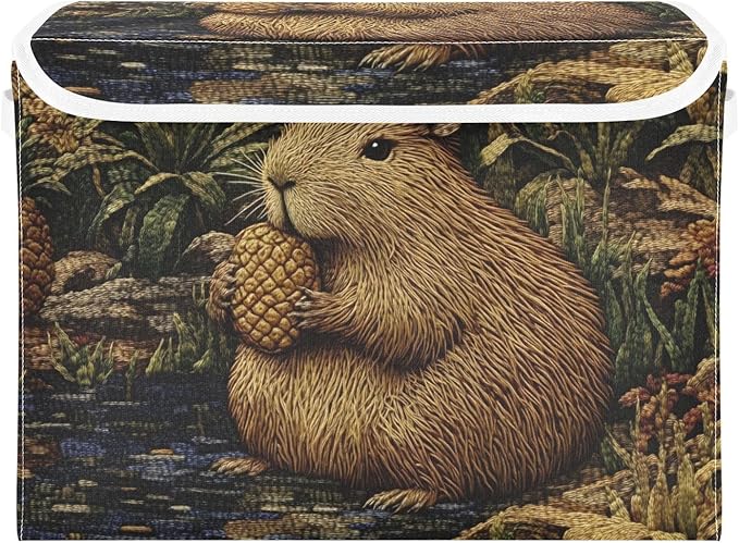 Storage Cube with Lid Pineapple Capybara Print 16.5×12.6×11.8 IN Collapsible Large Capacity Foldable Storage Basket Bin Organizer