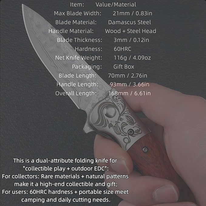 Damascus Steel Knife Knives for Men HRC 60 Rosewood Handle Hand-Forged Damascus Folding Knife Gifts for Hunters Men who have Everything Camping Knives &amp Tools Gift Ideas for Boyfriend